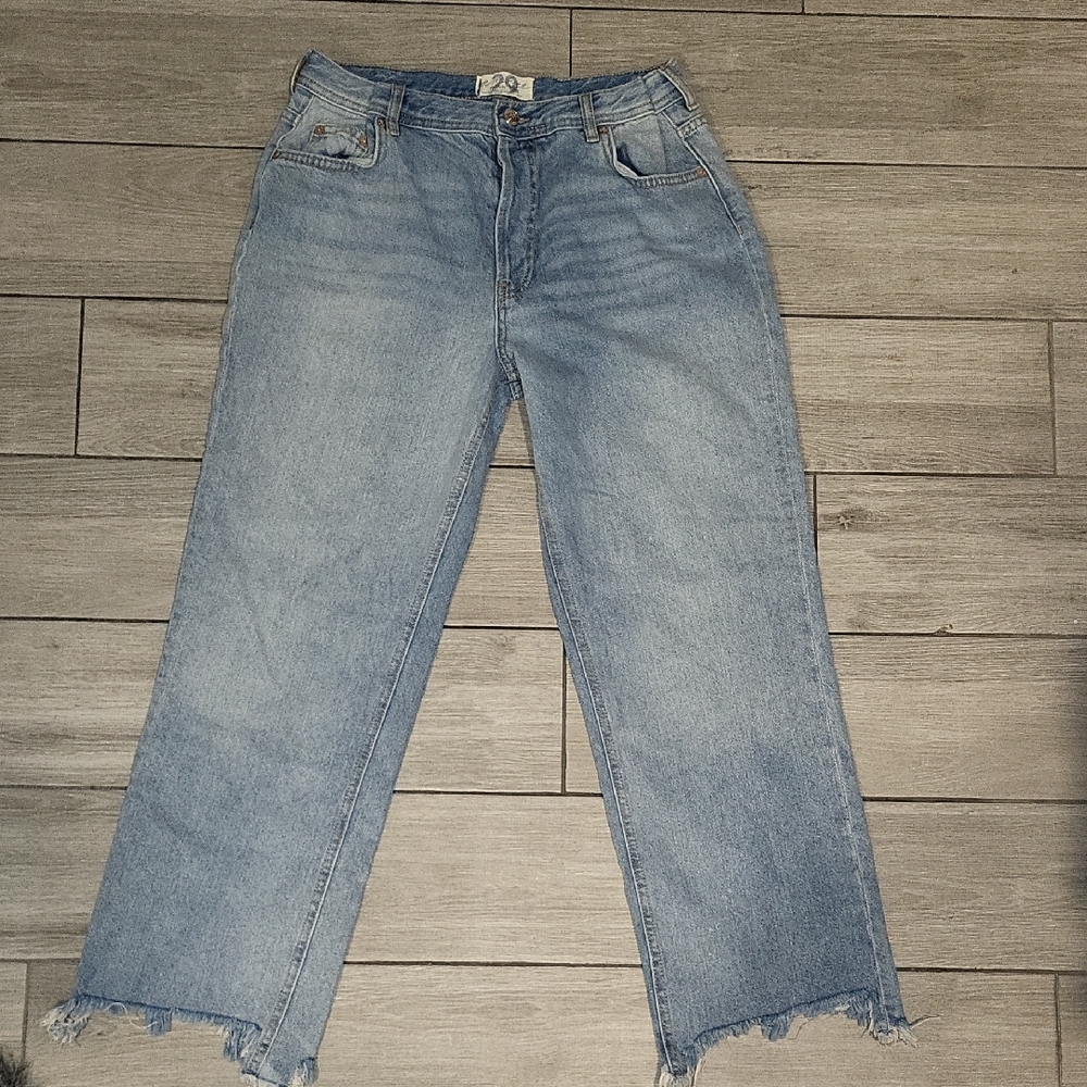 We The Free Blue Flare Wide Leg Jeans with Frayed Hem